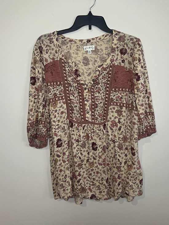 Wonderly Tops - Wonderly Cream Floral Tunic with Mauve-Brown Trim